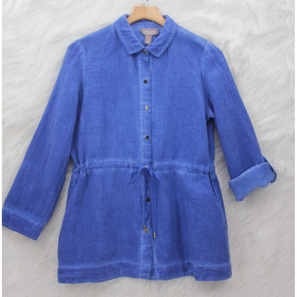 Chicos Button Front 100% Linen Shirt Jacket Blue Casual Womens Medium 1 Coastal - Picture 4 of 14